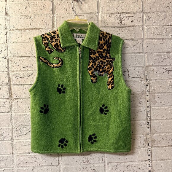 Lisa international Jackets & Blazers - Lisa International Green Boiled Wool Leopard Cat Vest | Vintage Novelty